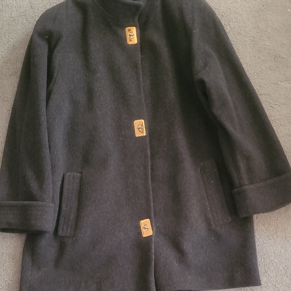 London Fog Womens Black Coat Brass Buttons Sz 14 Reg